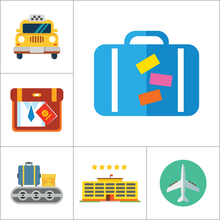 Travel icons set with airplane, flight ticket and suitcase. Thirteen vector iconsのイラスト素材
