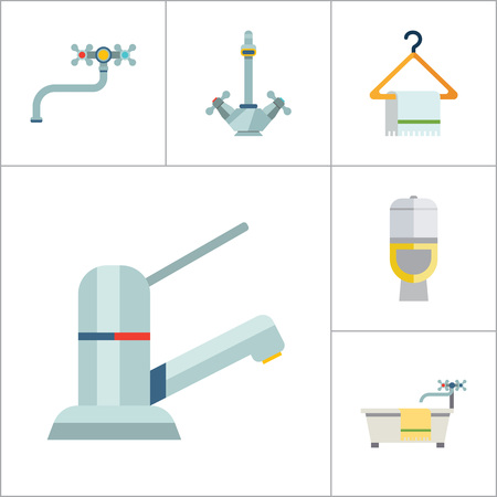 Bathroom Icon Set. Sink And Mirror Towel On Hanger Toilet Pan Toilet Paper Shower Spray Bath Tube Bathroom Interior Water Tap Mixer Tap Faucet With Hose Chrome Mixer Tap Ball Valve Silver Water Tapのイラスト素材
