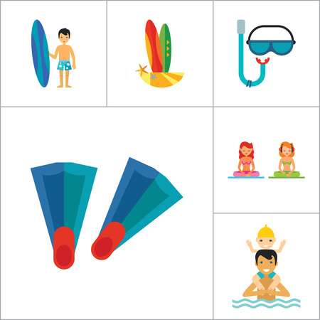 Sea Vacation Icon Set. Caravan Man Drinking Cocktail Rubber Duck Diving Mask And Snorkel Rubber Boat Swimming Father And Child Lifeguard Tower Fishing Man With Surfboard Bikini Flippers Meditationのイラスト素材