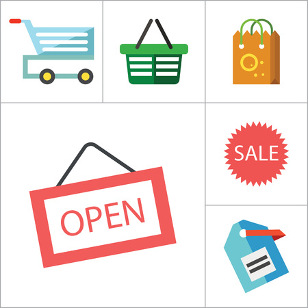 Shopping icons set with sale sign, shopping bag and cash register. Thirteen vector iconsのイラスト素材