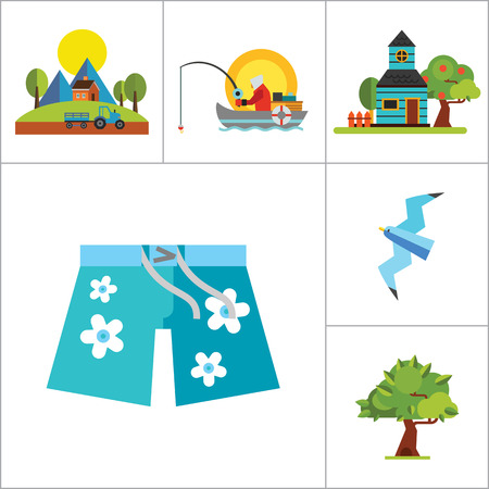 Summer Icon Set. First June Calendar Page Summer Tree Fishing Summer Cottage Hawaiian Shorts Summer Time Seagull Campfire Picnic Sea Wave Cabriolet Hotel On Water Beach Bagのイラスト素材