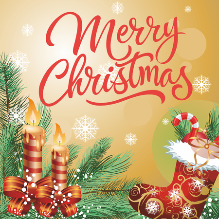 Merry Christmas lettering. Christmas greeting card with fir branches, snowflakes, candles and ornate sock with gifts. Handwritten text, calligraphy. For greeting cards, posters, leaflets and brochures.のイラスト素材