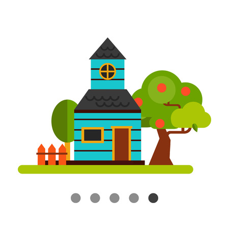 Summer cottage flat icon. Multicolored vector illustration of house with garden and orchard in summer seasonのイラスト素材