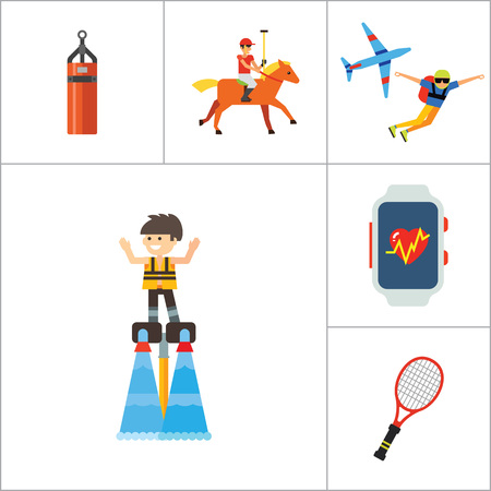 Active Sport Icon Set. Volleyball Tennis Racket Punchbag Horseracing Parachute Jump Flyboard Smartwatch Bicycle Helmet Boxing Gloves Canoeing Rollerblading Jet Skiingのイラスト素材