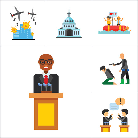 Politics Icon Set. Debates Politician Politics Leadership Vote White House Demonstration Election Electorate Refugees Hostage War Combatのイラスト素材