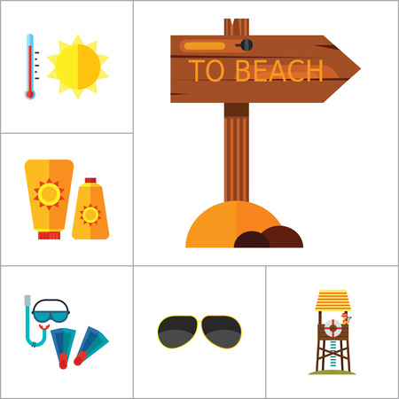 Beach Icon Set. Sun In Sunglasses Swimming Surf Board Bus Sun Umbrella Sunblock Cream Cocktails Sand Castle Aloha Shirt Lifeguard Tower Sunglasses Pointer To Beach Flippers And Diving Mask Summer Heatのイラスト素材