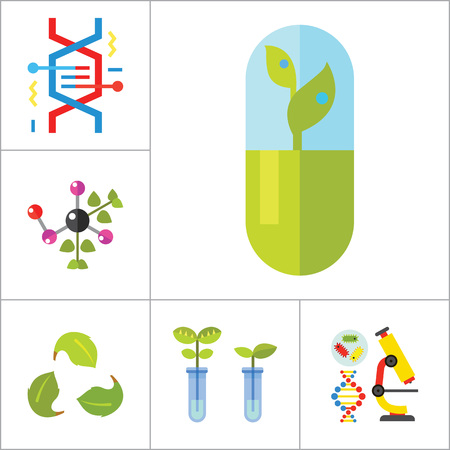 Biology Icon Set. Cell Structure Flask Test Tube Products On Scales Heating Test Tube Human Genome Molecule Genetically Modified Plants DNA Herbal Capsule Chemical Experiment Creative Recycling Signのイラスト素材