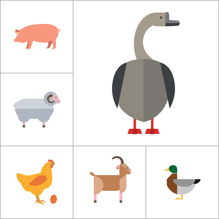 Farm Animal Icon Set. Cow Hen And Egg Turkey Goose Cockerel Duck Goat Pecking Goose Ram Pig Horse Rabbit Spotted Cowのイラスト素材