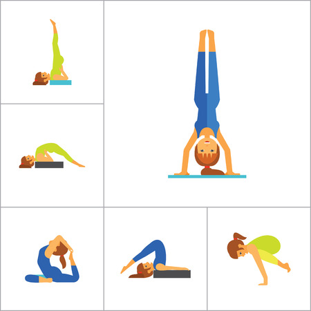 Yoga Icon Set. Meditation Rajakapotasana Sarvangasana Halasana Ustrasana Astavakasana Bakasana Handstand Virabhadrasana Svanasana Prasaritaのイラスト素材