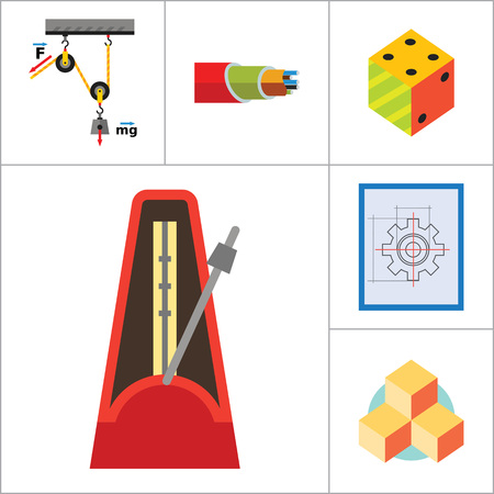 Mathematics Icon Set. Gear Wheel Drawing Metronome With Pendulum Collision Balls Globe Cubes Diagram Philosophy Symbol Logic Concept Algebra Cable Artificial Intelligence Gravity Forceのイラスト素材