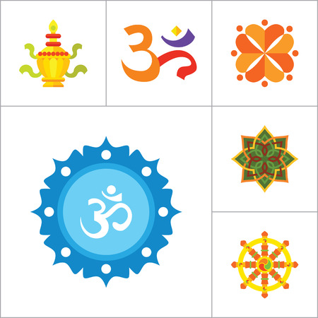 Religion vector icons set with Om sign, Hamsa amulet and Holy Spirit dove. Thirteen flat iconsのイラスト素材