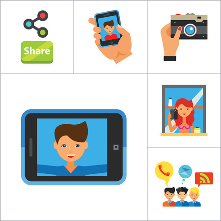 Selfie Icon Set. Dating Selfie Group Selfie Mirror Monopod Selfie Travel Selfie Smartphone Selfie Tablet Photo Camera Hand With Smartphone Social Media Chattingのイラスト素材