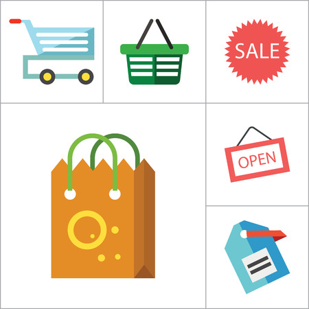 Shopping icons set with sale sign, shopping bag and cash register. Thirteen vector iconsのイラスト素材