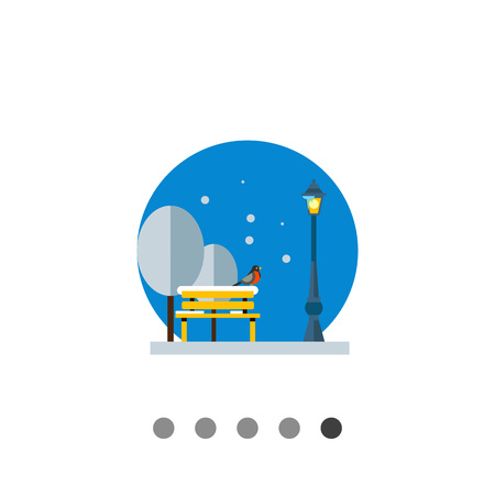 Multicolored vector icon of winter park with lamp, trees, bench and bullfinch sitting on it, blue round backgroundのイラスト素材