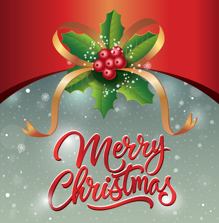 Merry Christmas lettering. Christmas greeting card with ribbon, mistletoe leaves and berries. Handwritten text, calligraphy. For greeting cards, posters, leaflets and brochure.のイラスト素材