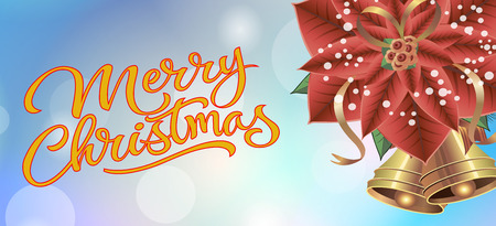 Outlined Merry Christmas lettering. Christmas greeting card with poinsettia, ribbon and two bells. Handwritten text, calligraphy. For greeting cards, posters, leaflets and brochures.のイラスト素材