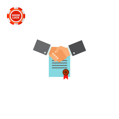 Two shaking man hands with signed contract with red seal in background. Agreement, company, partnership. Business commitment concept. Can be used for topics like business, management, finance.のイラスト素材