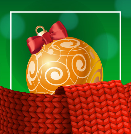 Gold Christmas ball decorated with red woolen scarf on green abstract background. Decoration, holiday, Christmas, winter, celebration. Can be used for postcards, posters, festive designのイラスト素材
