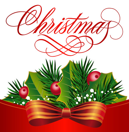 Christmas lettering. Christmas greeting card with fir tree twigs, mistletoe and bow. Handwritten text, calligraphy. For greeting cards, posters, leaflets and brochures.のイラスト素材