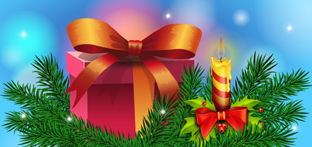 Christmas present box with red bow on festive background with fir sprigs, burning candle. Decoration, holiday, celebration. Holiday concept. Can be used for greeting cards, posters, leafletsのイラスト素材