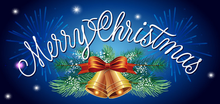 Merry Christmas lettering. Christmas greeting card with fir tree twigs, bells and bow. Handwritten text, calligraphy. For greeting cards, posters, leaflets and brochures.のイラスト素材