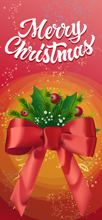 Merry Christmas calligraphic lettering. White merry Christmas inscription with big red bow, fir sprigs, mistletoe leaves and berries. Handwritten text can be used for postcard, festive design, posterのイラスト素材