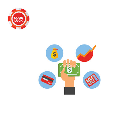 Hand with dollar banknotes, bank card, calculator, graph, money bag. Audit, infographic, accounting. Control finance concept. Can be used for topics like finance, business, banking.のイラスト素材