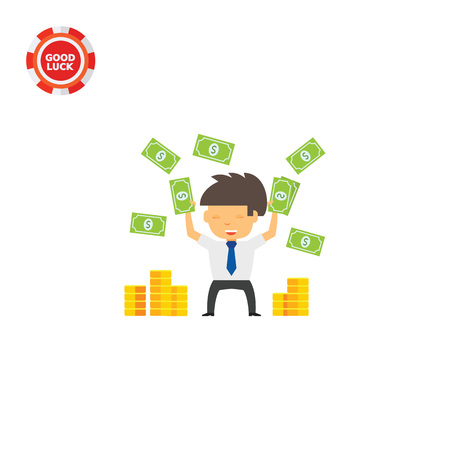 Man throwing dollar banknotes up, stacks of coins. Wealth, success, currency. Money concept. Can be used for topics like finance, business, banking.のイラスト素材