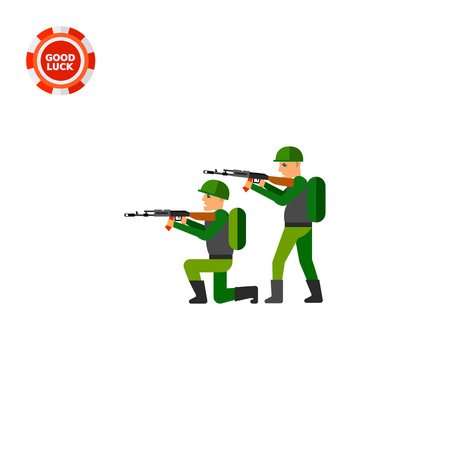 Two military men pointing machine guns. Military equipment, war, threat. Fighting concept. Can be used for topics like war, military equipment, soldiery.のイラスト素材
