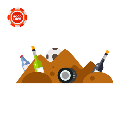 Garbage pile waste. Bottles, old tire, pollution, ecology. Pollution concept. Can be used for topics like pollution, waste, ecologyのイラスト素材