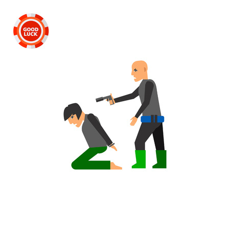 Hostage on knees and terrorist pointing gun at him. Terror, threat, killing. Kidnapping concept. Can be used for topics like terrorism, violence, criminality.のイラスト素材