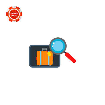 Illustration of suitcase with tag and magnifier. Inspection of luggage, airport, control, security. Luggage concept. Can be used for topics like airport, travelling, security, luggageのイラスト素材