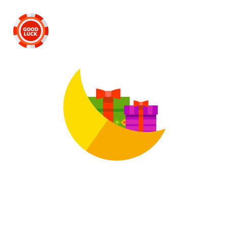 Illustration of moon with present boxes. Moon and gifts, crescent, holiday, celebration. Gift concept. Can be used for topics like Christmas, New Year, holidayのイラスト素材