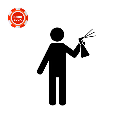 Man spraying liquid from bottle with sprayer into air. insecticide, paint. Spray concept. Can be used for topics like insect control, agriculture, household chemicals.のイラスト素材