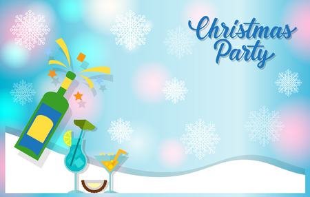 Christmas party card design. Vector icons of bottle of champagne and cocktails on background with snowflakes. Holiday concept. Blank template can be used for postcards, greeting or invitation cardsのイラスト素材