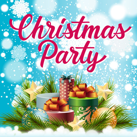 Christmas Party lettering. Christmas invitation with gifts, balls and fir twigs. Handwritten text, calligraphy. For greeting cards, posters, leaflets and brochures.のイラスト素材