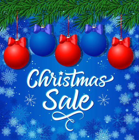 Christmas Sale lettering, fir tree twigs and hanging balls. Handwritten text, calligraphy. For posters, banners, leaflets and brochures.のイラスト素材