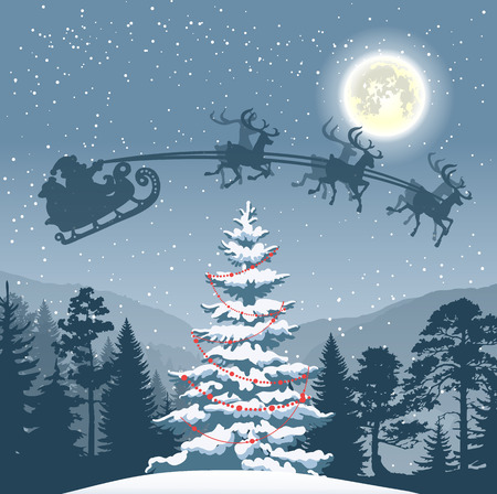 Greyscale Christmas design element with fir tree in forest, moon, Santa Claus and flying reindeers. For greeting cards, posters, leaflets and brochures.のイラスト素材