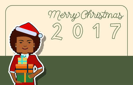 Merry Christmas two thousand seventeen card design. Merry Christmas lettering. Female character in Santa Claus costume holding gift boxes. Blank template can be used for postcards, banners, postersのイラスト素材