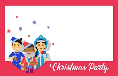 Christmas invitation card design. Christmas party lettering with characters wearing Santa Claus and Snow Maiden costumes. Blank template can be used for postcards, invitation cards, postersのイラスト素材