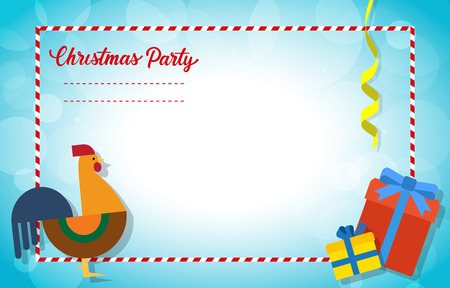 Christmas invitation card design. Christmas party lettering with rooster icon and gift boxes. Holiday concept. Blank template can be used for postcards, invitation cards, postersのイラスト素材
