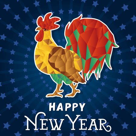 Happy New Year lettering. Happy New Year inscription with colored polygon style illustration of rooster on starburst background. Chinese New Year concept. Can be used for postcards, banners, postersのイラスト素材