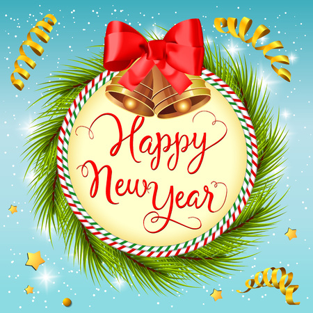 New Year calligraphic lettering. Happy New Year inscription with fir wreath, jingle bells on background with streamers, stars, falling snow. Handwritten text can be used for postcard, banner, posterのイラスト素材