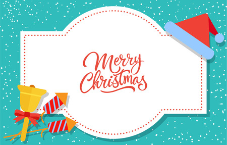 Merry Christmas lettering. Merry Christmas inscription on creative label with Santa Claus hat, jingle bell and firecrackers. Holiday concept. Calligraphy can be used for postcards, banners, postersのイラスト素材
