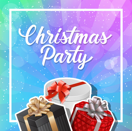 Christmas Party lettering in frame. Christmas invitation with three gifts. Handwritten text, calligraphy. For invitations, posters, leaflets and brochures.のイラスト素材