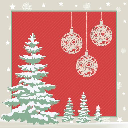 Christmas greeting card with fir trees and three hanging baubles. For greeting cards, posters, leaflets and brochures.のイラスト素材