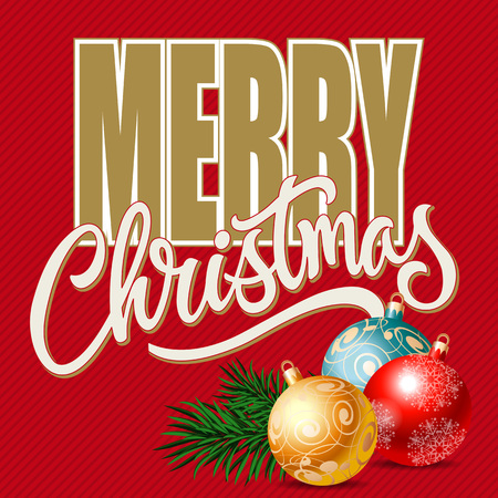 Merry Christmas lettering. Christmas greeting card with fir tree twigs and three baubles. Handwritten and typed text, calligraphy. For greeting cards, posters, leaflets and brochures.のイラスト素材