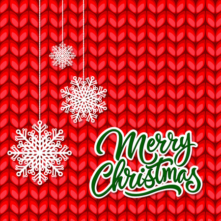Merry Christmas lettering on knitted pattern. Christmas greeting card with three snowflakes. Handwritten text, calligraphy. For greeting cards, posters, leaflets and brochures.のイラスト素材