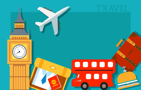 Travel card design. Travel lettering with suitcase, airplane, passport, double decker bus, Big Ben and reception bell. Travel concept. Blank template can be used for greeting card, postcard, posterのイラスト素材