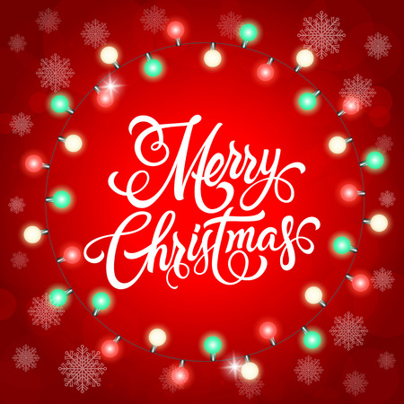 Merry Christmas lettering. Christmas greeting card with round lights garland. Handwritten text, calligraphy. For greeting cards, posters, leaflets and brochures.のイラスト素材